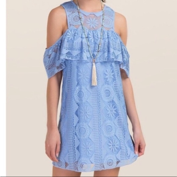 Francescas Miami dress size large Open Cold Shoulder Cecile Oxford Blue Lace - Picture 1 of 10